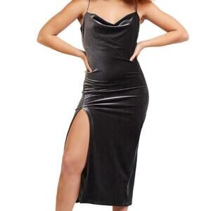 Dex Drape Neck MIDI Dress Sleeveless Stretch Steel Grey Velvet